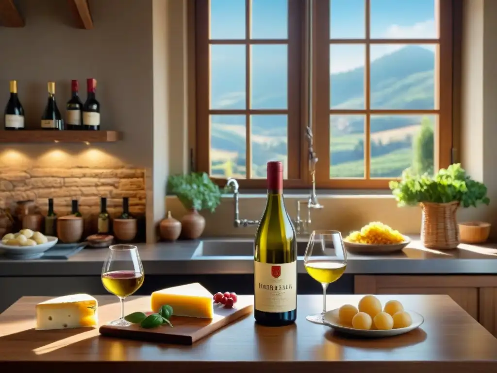 Escena detallada de una cocina italiana tradicional con accesorios elegantes y sommelier listo para el vino