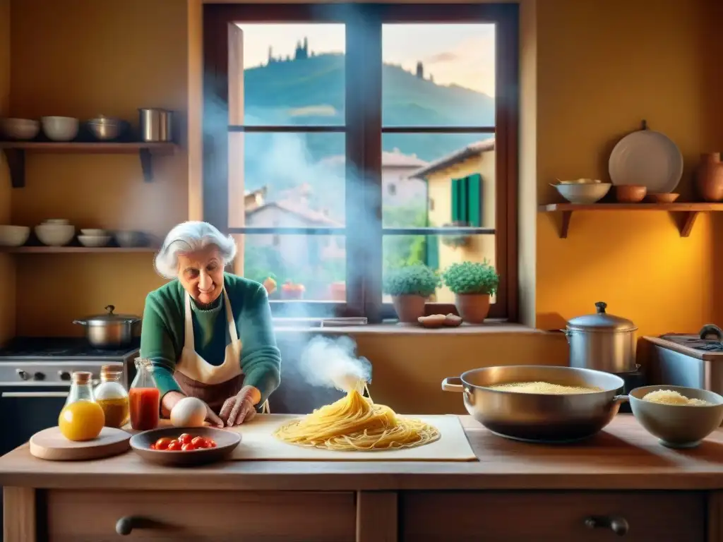 Una escena detallada de una cocina italiana tradicional donde una nonna experta elabora pasta a mano