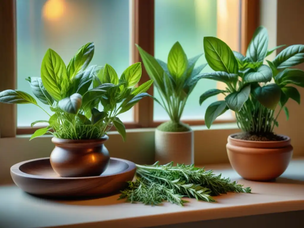 Escena detallada de cocina italiana con hierbas frescas: albahaca, orégano, romero y tomillo