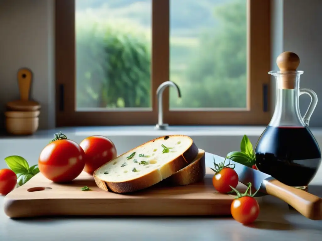 Escena detallada de cocina italiana con tomates rojos, albahaca, vinagre balsámico, pan rústico y aceite de oliva