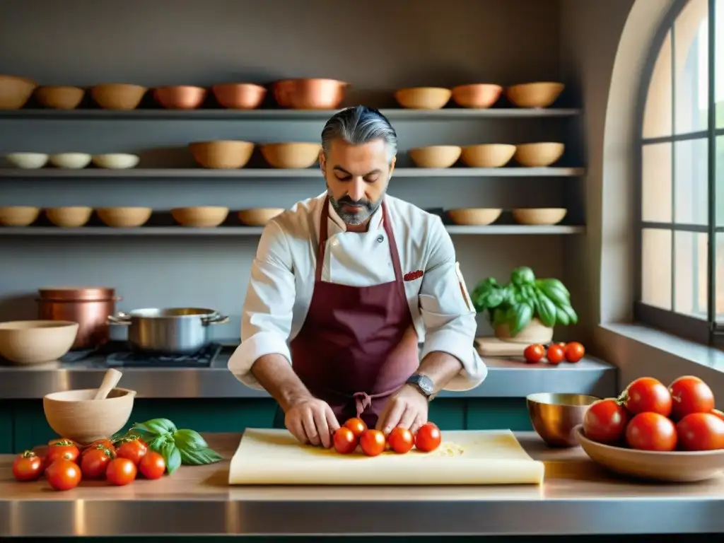 Escena detallada de una cocina italiana rústica con ingredientes frescos y un chef preparando pasta, rodeado de libros de cocina y utensilios de cobre