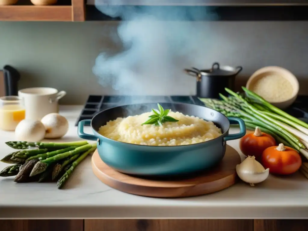 Escena de cocina italiana: preparando risotto con ingredientes frescos Una escena detallada de una cocina italiana tradicional, con ingredientes para cocinar risotto y una nonna preparando la receta con cariño