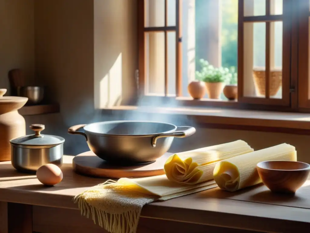 Escena detallada de una cocina italiana tradicional con utensilios para hacer pasta