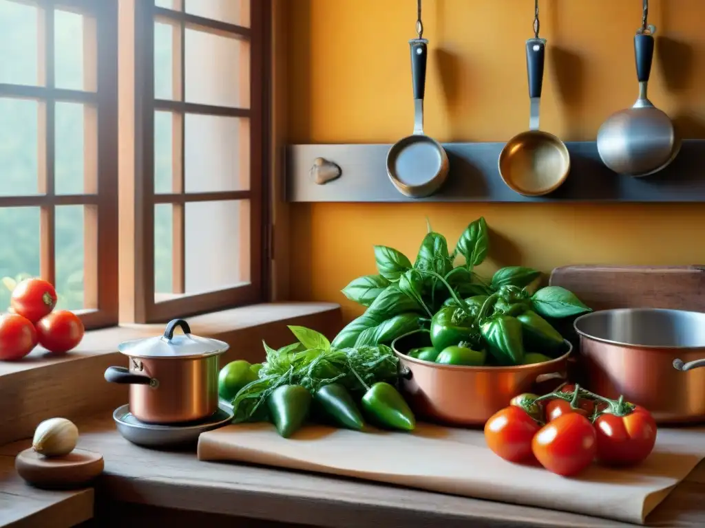 Escena detallada de una cocina italiana rústica con libros de recetas cocina italiana y ingredientes frescos en una mesa de madera envejecida