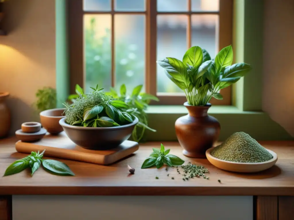 Escena detallada de una cocina italiana tradicional con hierbas aromáticas para cocina italiana, resaltando colores y texturas vibrantes