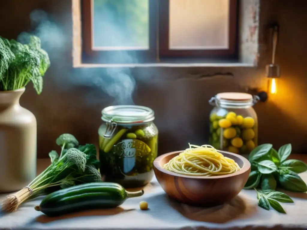 Escena detallada de cocina italiana con fermentación: masa madre burbujeante, encurtidos y verduras fermentando en ventanal soleado