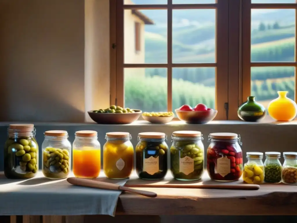 Escena detallada de una cocina italiana con alimentos fermentados coloridos, resaltando beneficios y tradición