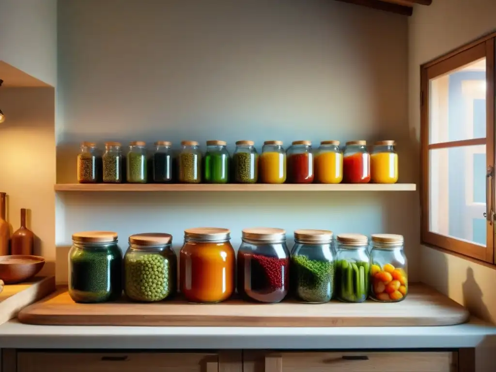 Escena detallada de una cocina italiana: tarros de fermentación, kombucha burbujeante y pan de masa madre