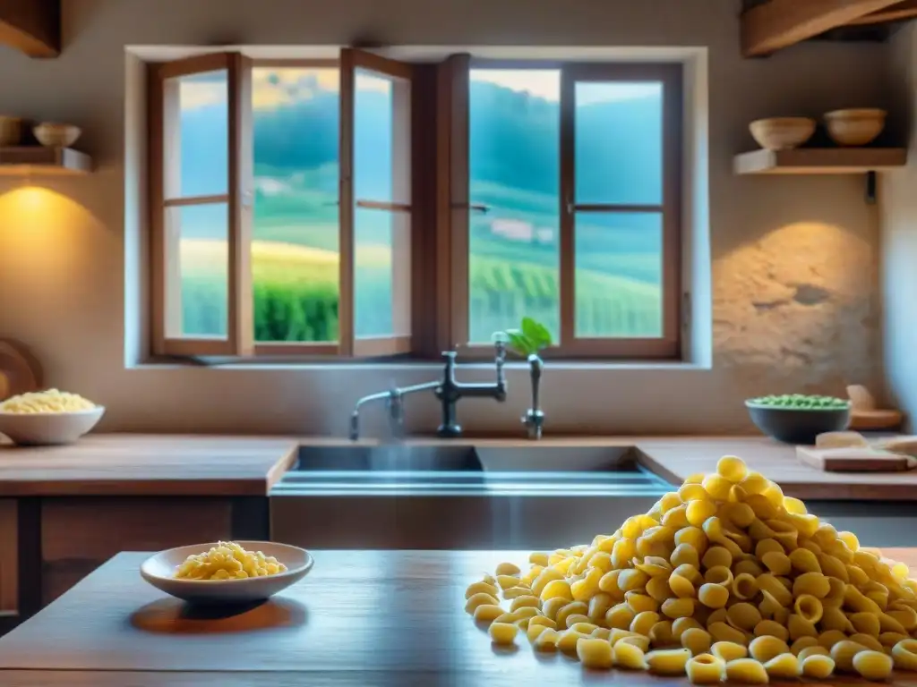 Una escena detallada de una cocina italiana rústica con variedades regionales de pasta, iluminada por luz natural