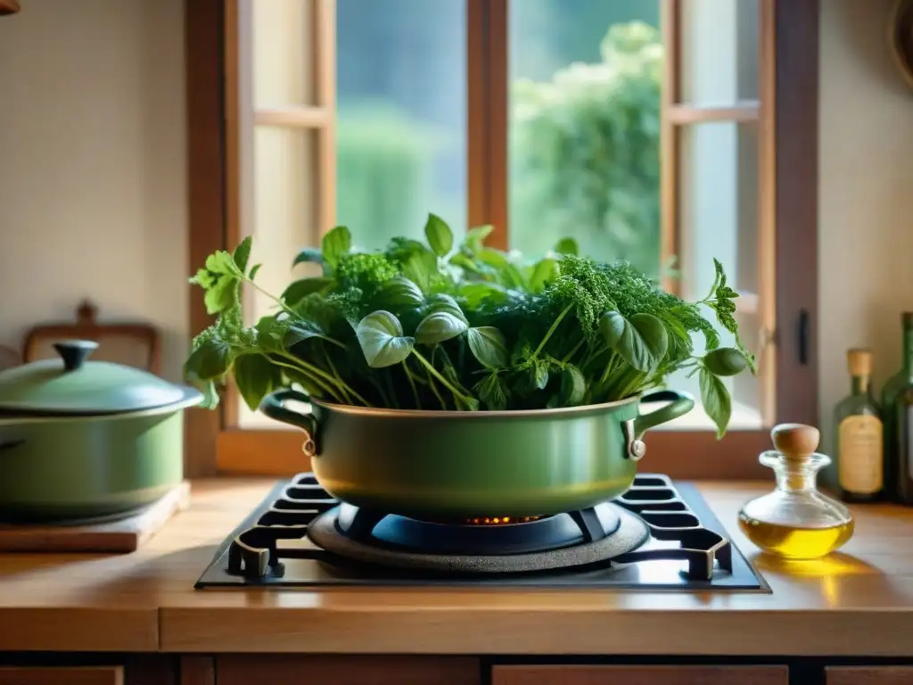 Escena detallada de una cocina italiana con cicoria ripassata en una mesa rústica de madera, resaltando la esencia de la cocina italiana auténtica