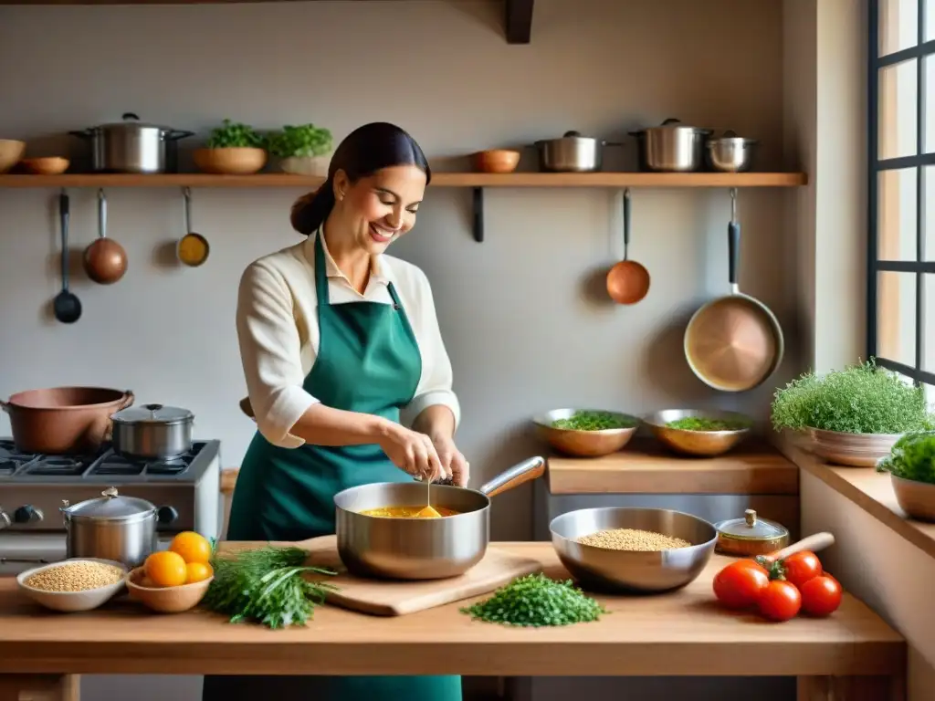 Una escena detallada de una cocina italiana rústica con una nonna preparando sopa de farro