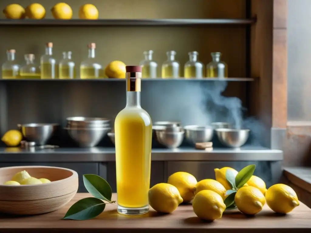 Escena detallada de cocina italiana con limones frescos y persona preparando Limoncello casero