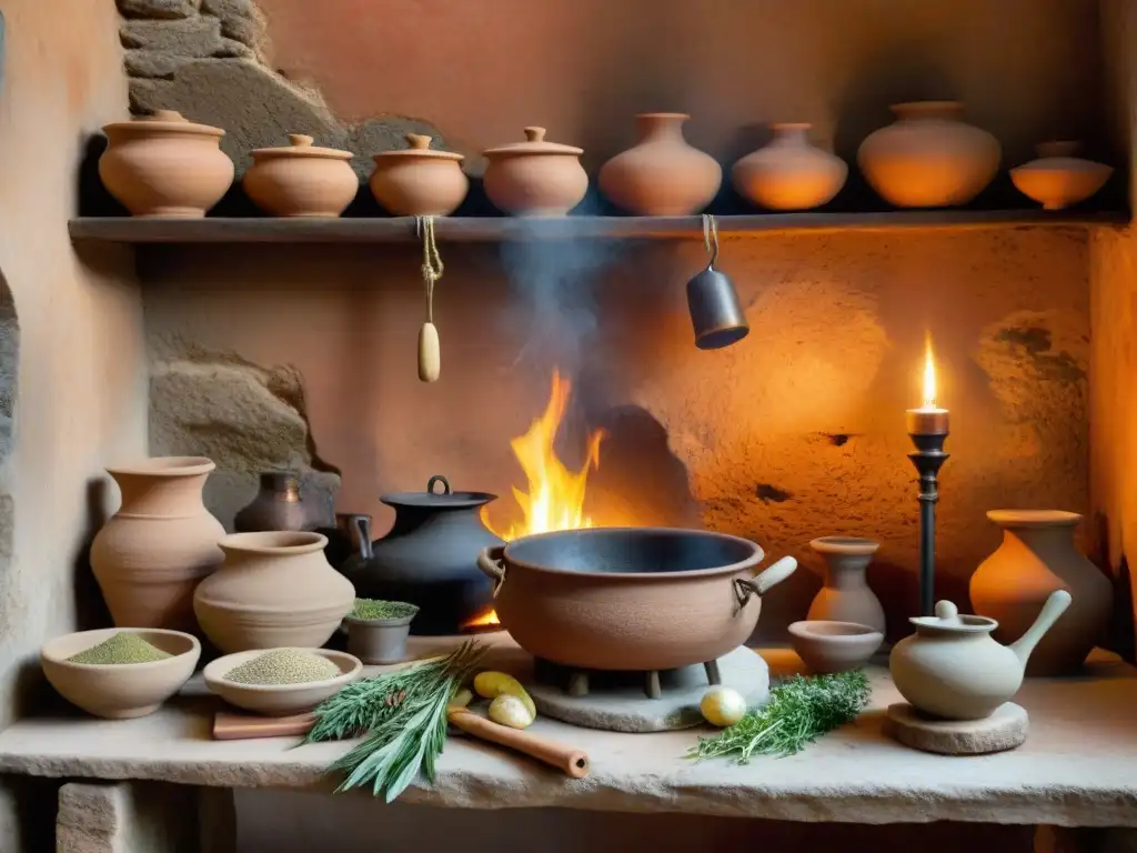 Escena detallada de una cocina romana tradicional con utensilios antiguos en una mesa de madera rústica