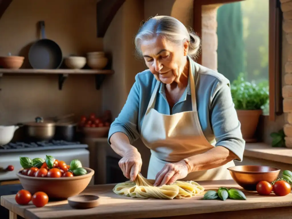 Una escena detallada de una cocina toscana tradicional en el campo, donde una nonna prepara pasta casera