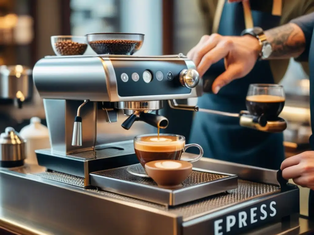 Escena detallada de la cultura café tradicional Turín: barista experto preparando un espresso perfecto en una histórica cafetería