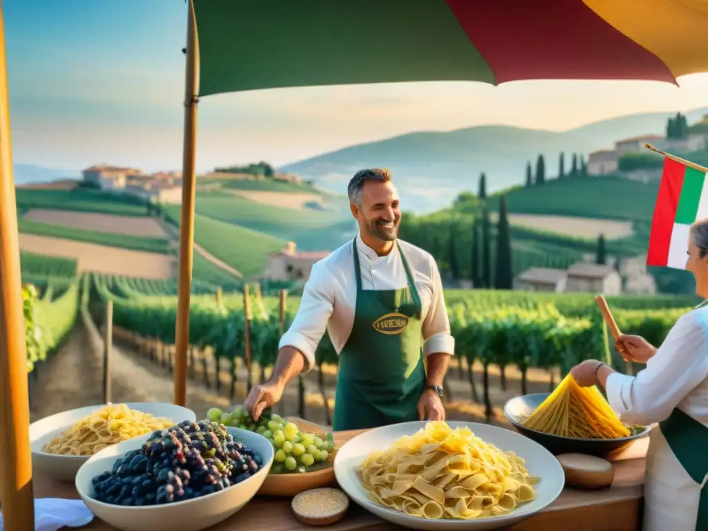 Escena detallada de festival cosecha italiana con gente alegre recogiendo uvas y aceitunas bajo el sol dorado