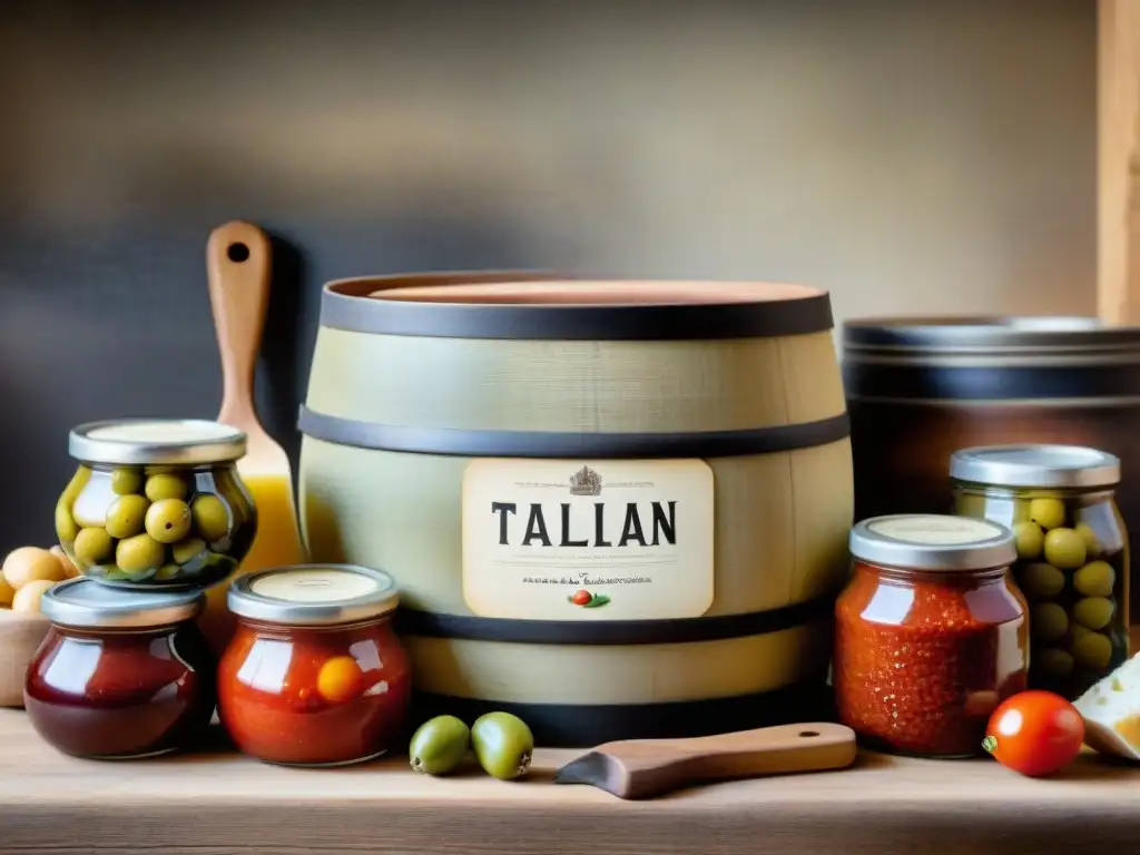 Una escena detallada de ingredientes fermentados en la cocina italiana: aceitunas, salsa de tomate burbujeante y quesos envejecidos, junto a utensilios rústicos y recetas escritas a mano