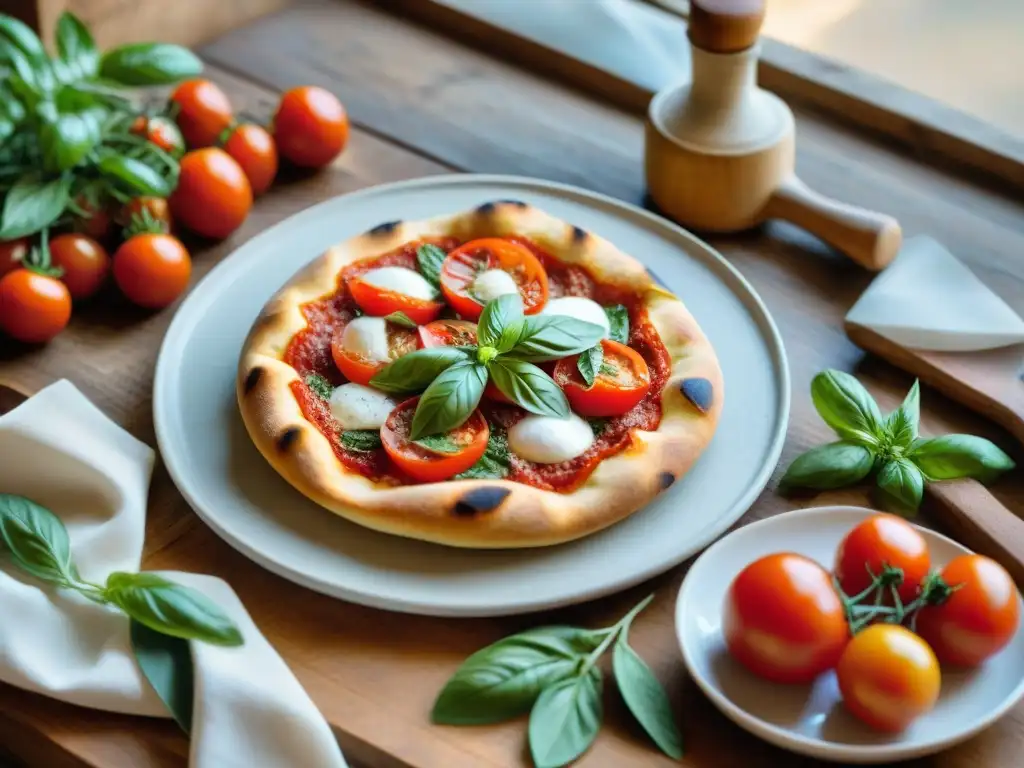 Escena detallada de ingredientes para receta tradicional pizza napolitana casera en mesa rústica de madera