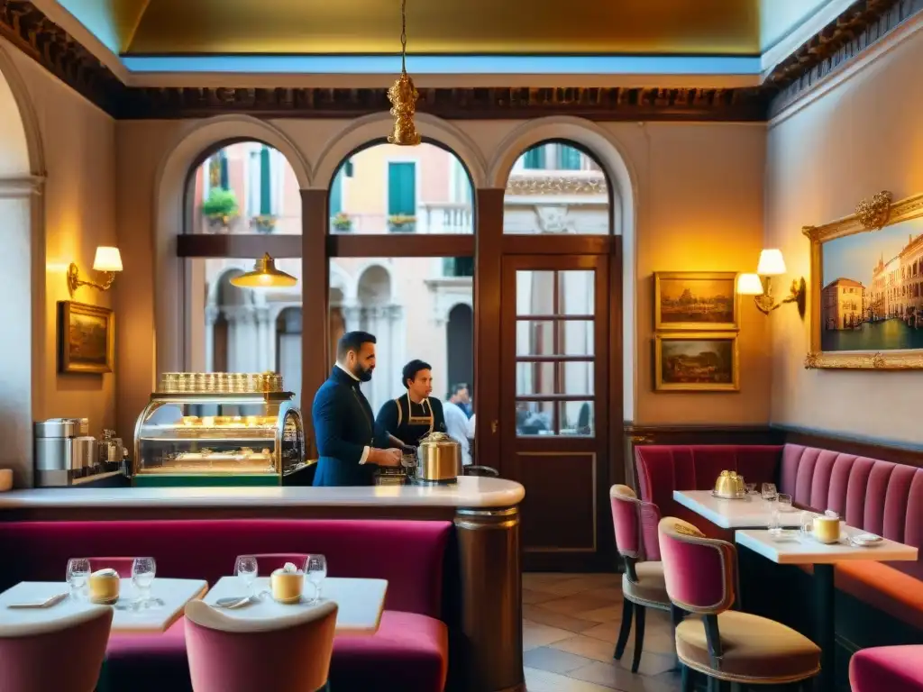 Escena detallada del interior de Caffè Florian en Venecia, Italia, con anécdotas cafés históricos Italia