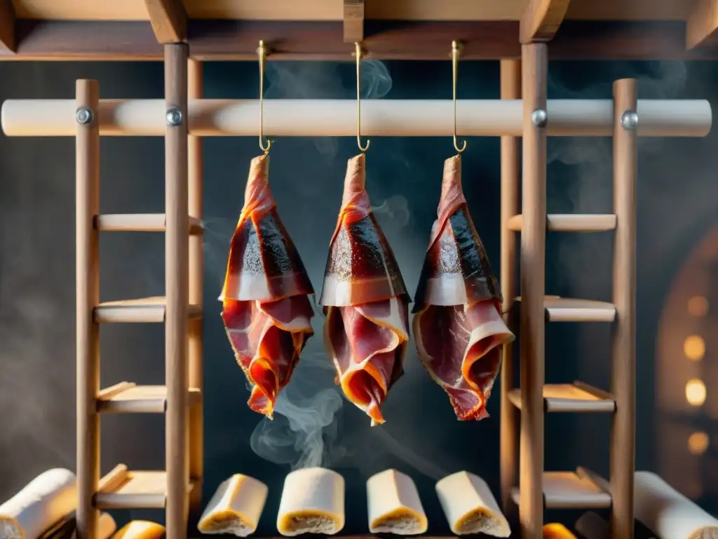 Una escena detallada de un prosciutto italiano tradicional colgando en una bodega tenue, con marbling intrincado y ahumados sutiles