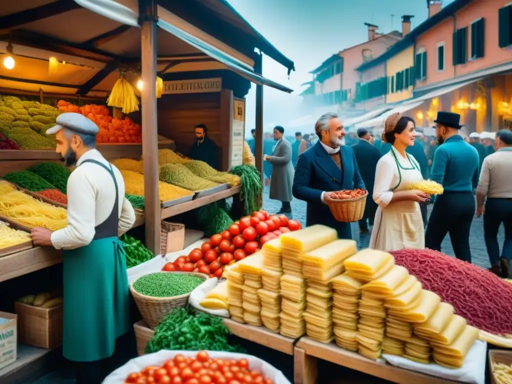 Escena detallada de mercado italiano del siglo XX, con vendedores y ingredientes tradicionales