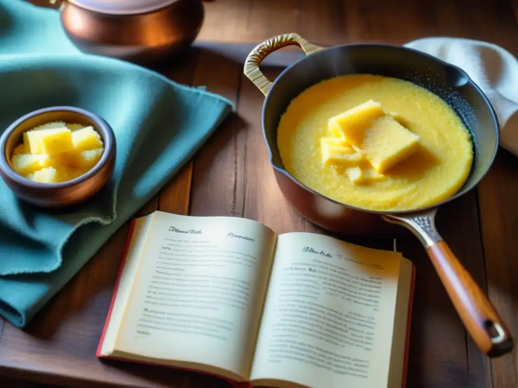 Escena detallada en una mesa de madera rustica con utensilios tradicionales italianos y recetas de polenta