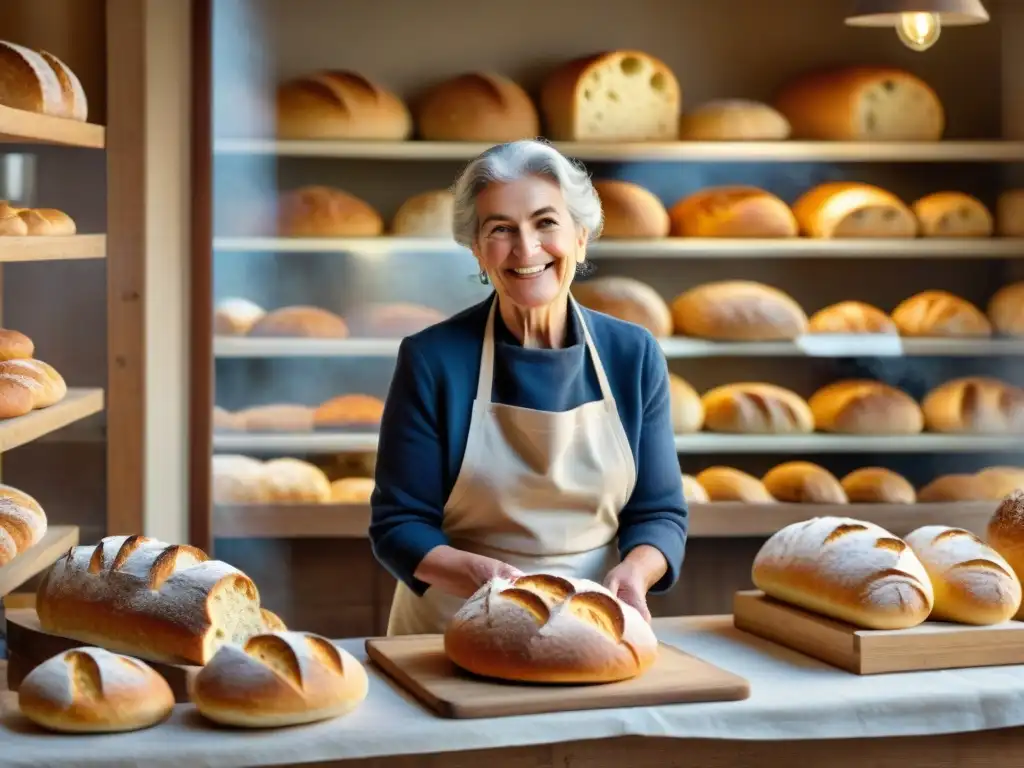 Escena detallada de una panadería italiana tradicional con clientes seleccionando pan recién horneado