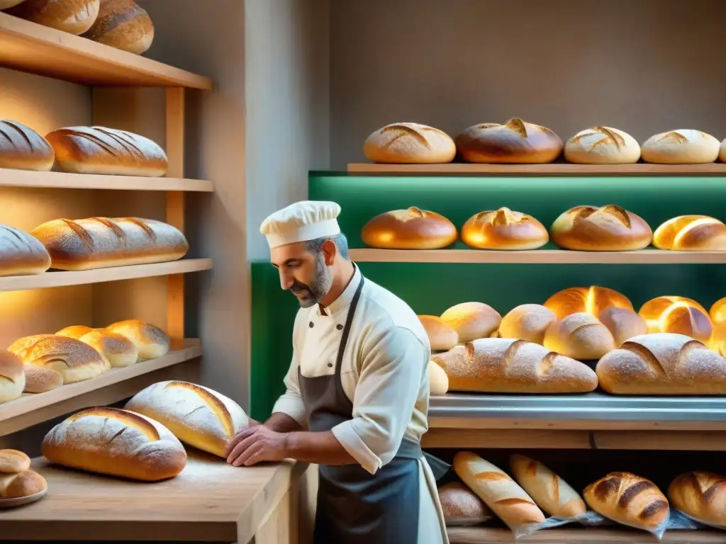 Escena detallada de una panadería italiana tradicional con pan recién horneado y un panadero hábil amasando masa