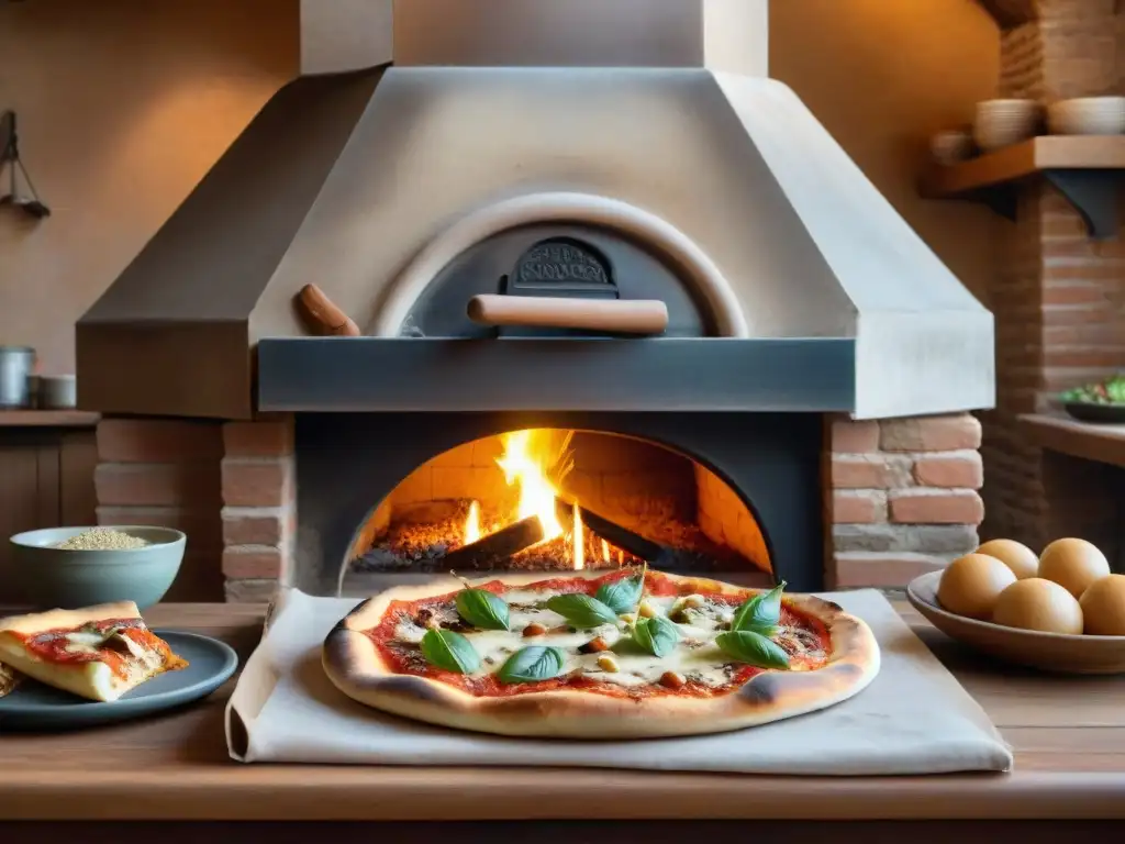 Escena detallada de una pizzería toscana tradicional con horno de leña y toppings, destacando la reinvención moderna de la pizza