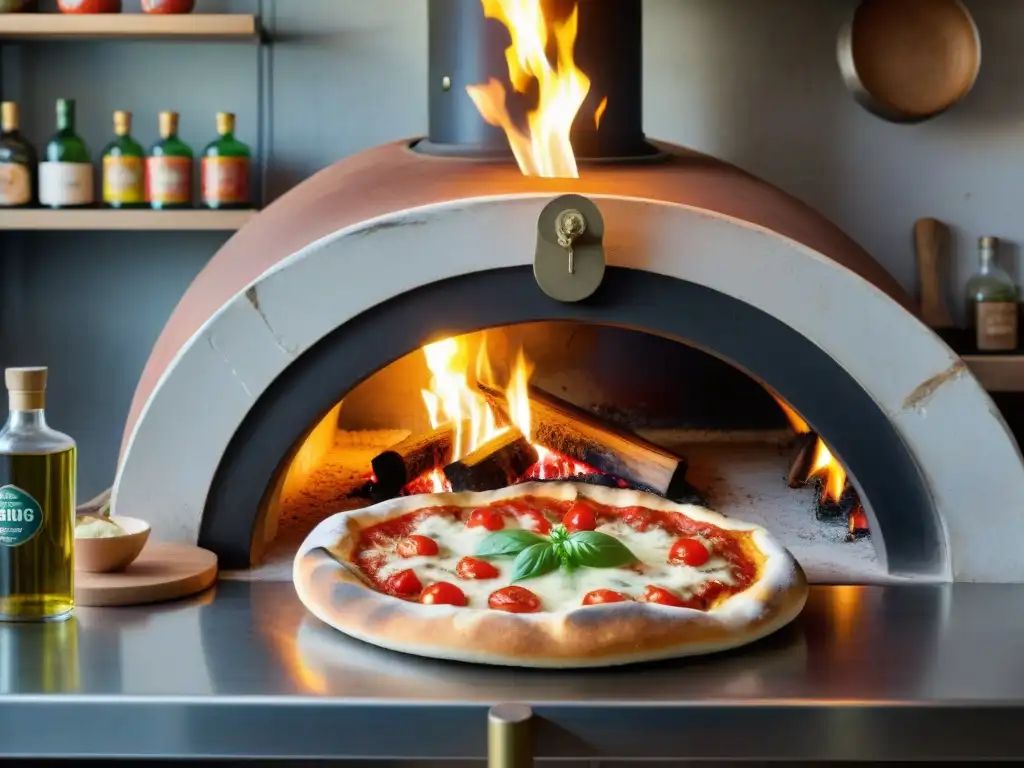 Escena detallada de una pizzería tradicional italiana en Nápoles, Italia, mostrando la historia de la pizza en Italia