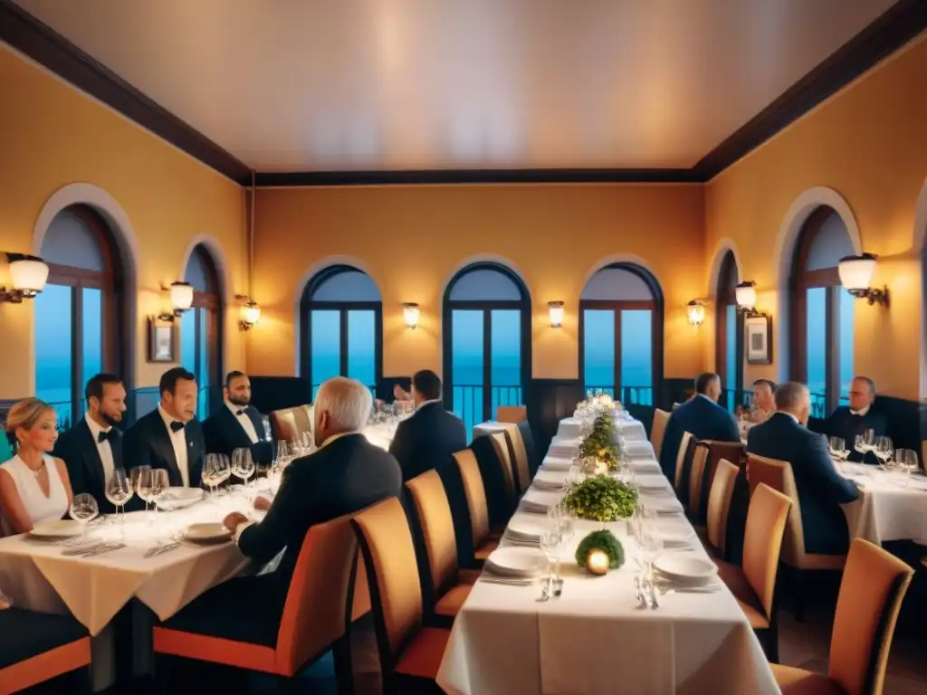 Escena detallada de un restaurante galardonado en Italia, chefs preparando exquisitos platos, comensales elegantes y ambiente sofisticado