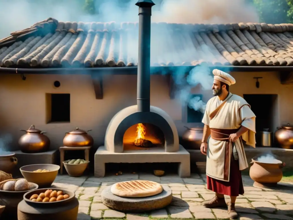 Una escena detallada de una villa romana antigua con un horno de leña tradicional en uso, destacando la historia del horno de leña en la antigüedad