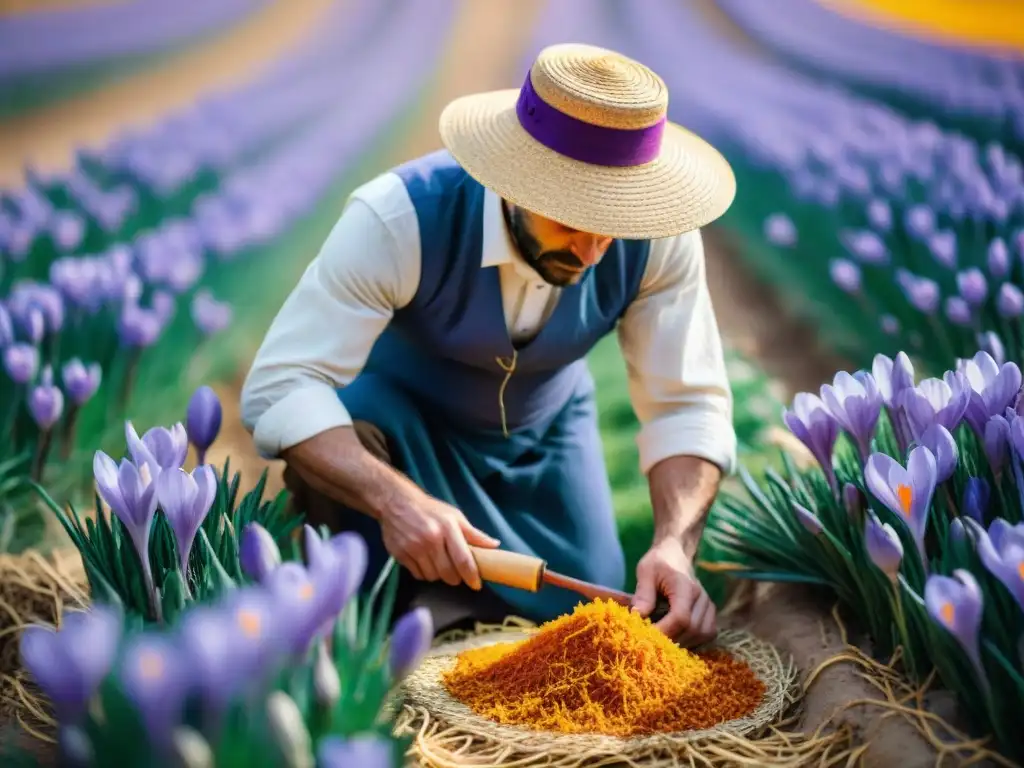 Escena detallada de recolección de azafrán en Italia para risotto alla milanese