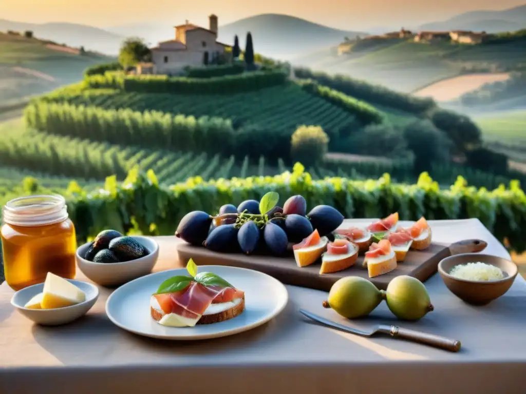 Escena dorada del agroturismo italiano con platos tradicionales en la campiña, bañada por la luz del atardecer