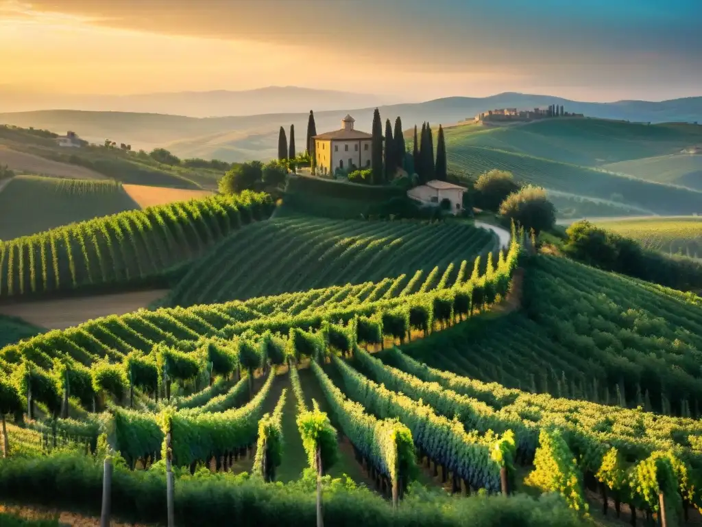 Escena dorada al atardecer en viñedos de Toscana con recolección de uvas y villa italiana