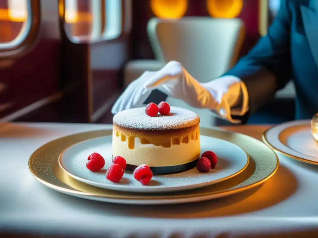 Una escena elegante de experiencias culinarias Venice Simplon OrientExpress: postre de lujo en mesa vintage