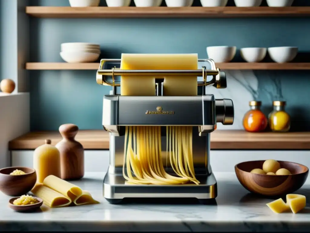 Una escena elegante de la mejor pasta casera con accesorios gourmet en una cocina de mármol