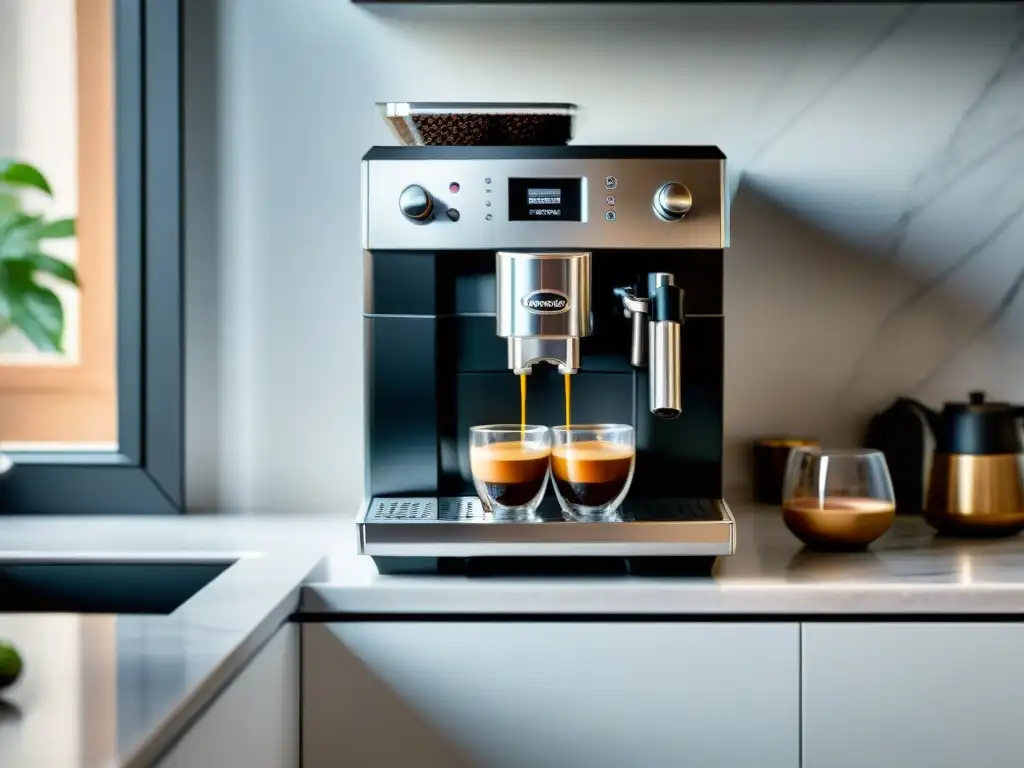 Una escena elegante y sofisticada de la máquina automática de espresso De'Longhi Magnifica en una cocina moderna