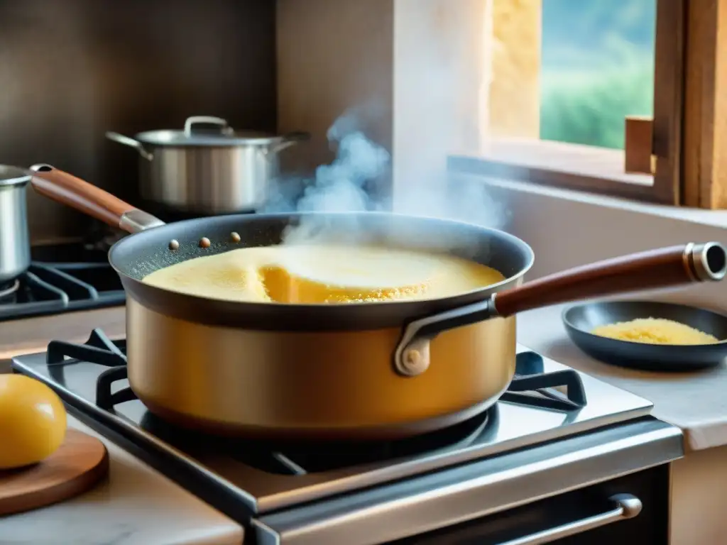 Una escena emotiva de cocina italiana tradicional con polenta cremosa en una olla, evocando historia y tradición culinaria