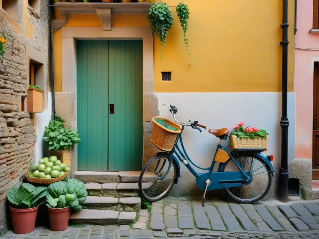 Escena encantadora en un callejón italiano con edificios de piedra cubiertos de hiedra, bicicleta vintage y lugareños en trajes tradicionales