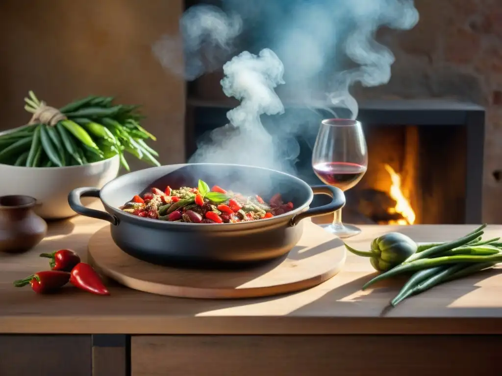 Una escena encantadora de una cocina rústica italiana con una olla burbujeante de Bagna Càuda rodeada de verduras coloridas