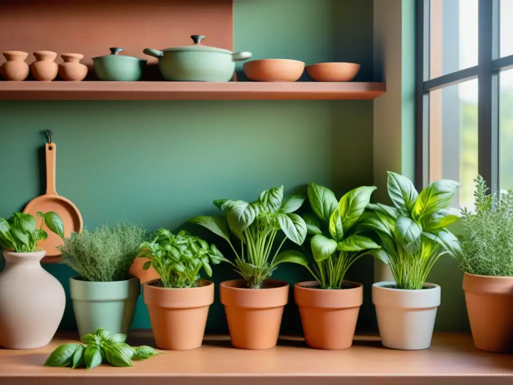 Escena encantadora de hierbas aromáticas para cocina italiana en mesa de madera rústica, bañadas por la luz del sol