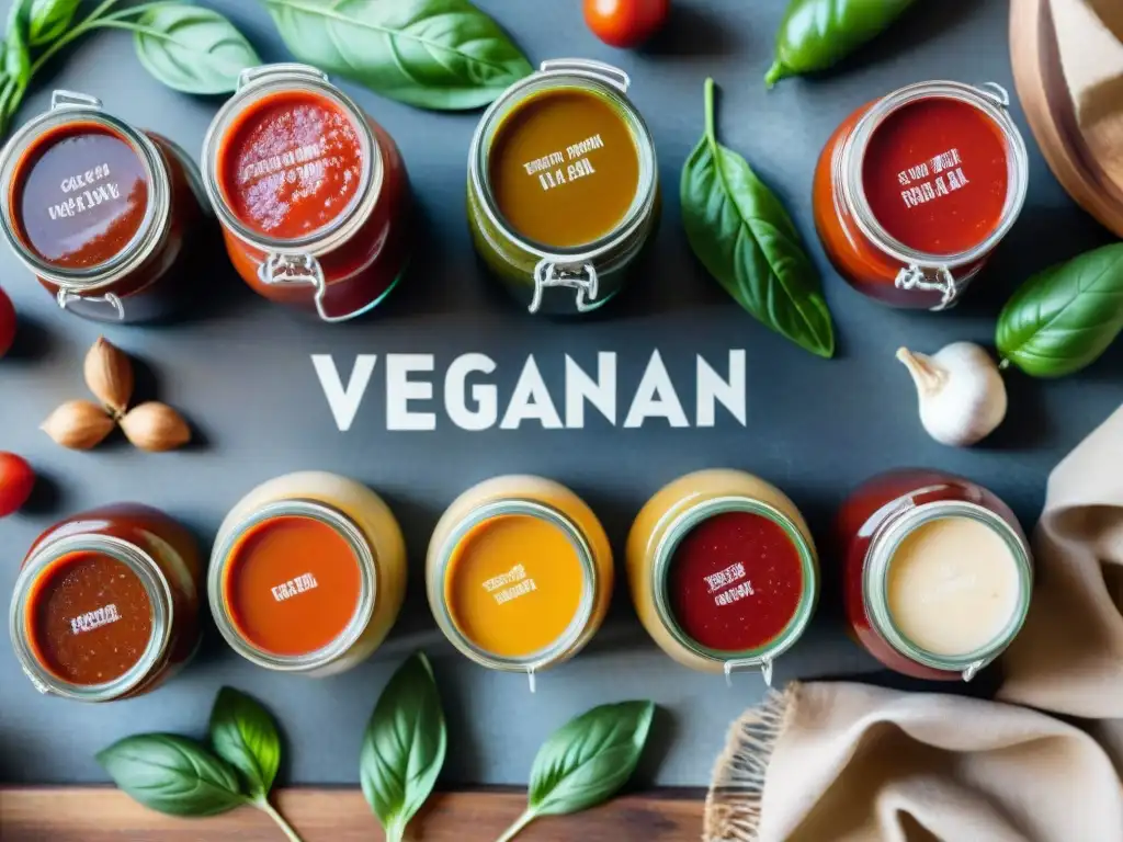 Una escena encantadora de salsas veganas italianas deliciosas en tarros y cuencos sobre una mesa rústica de madera