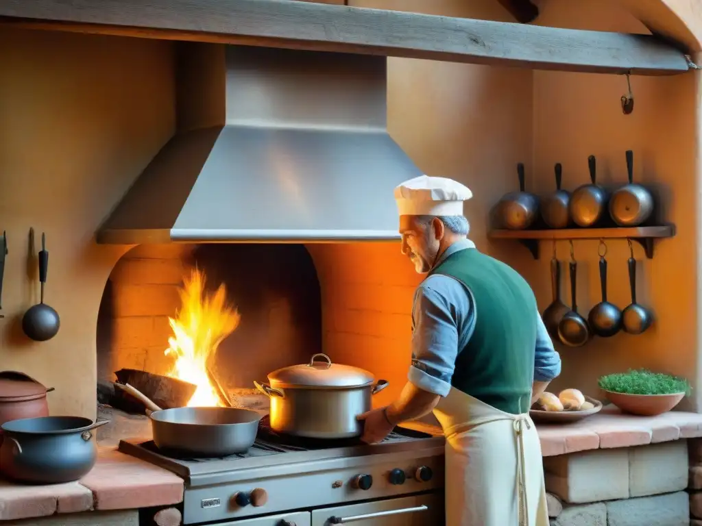 Escena evocadora de una cocina italiana tradicional con un horno de leña como centro