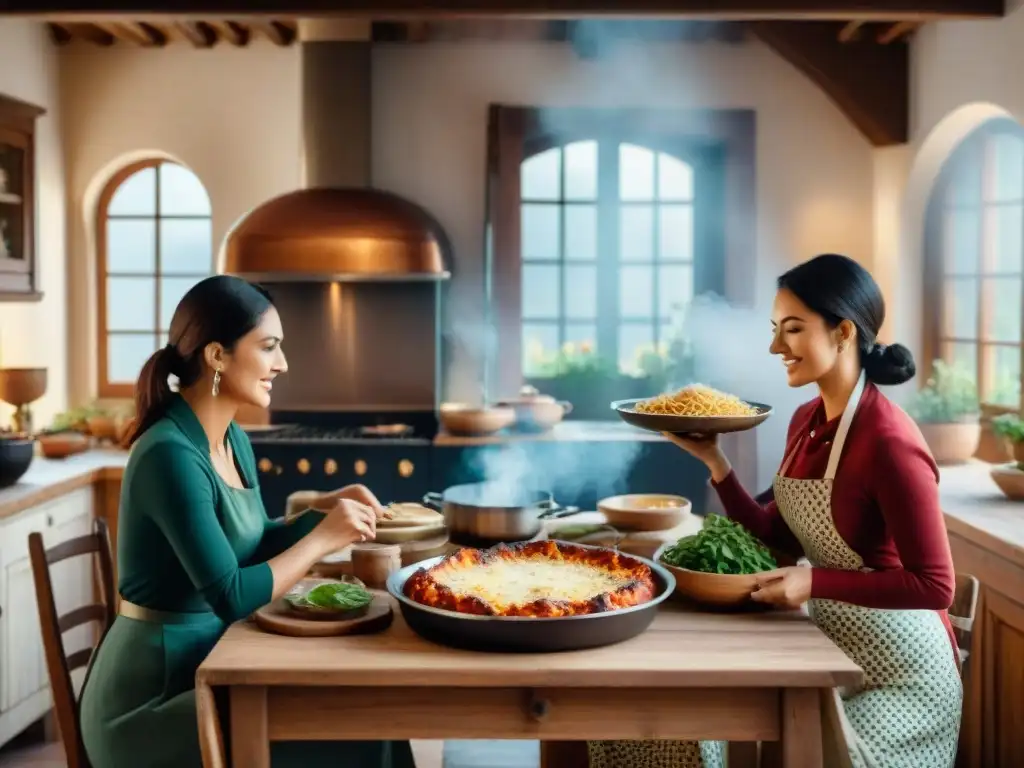 Escena familiar en cocina italiana rústica con mesa de madera vintage servida con Receta berenjenas al horno Parmesana