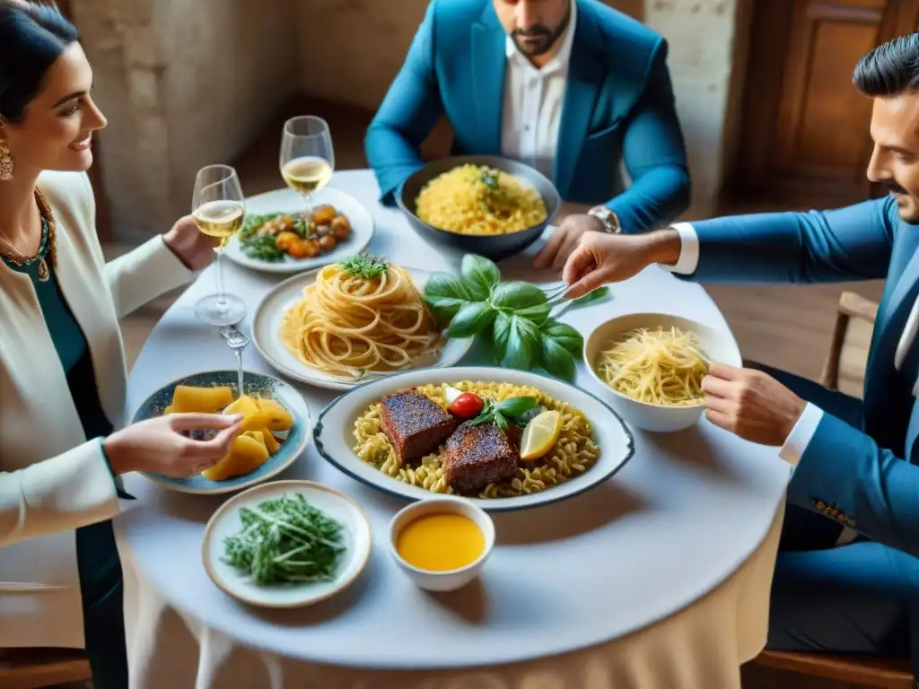 Una escena familiar italiana con Cocina italiana platos tradicionales en una mesa bellamente decorada