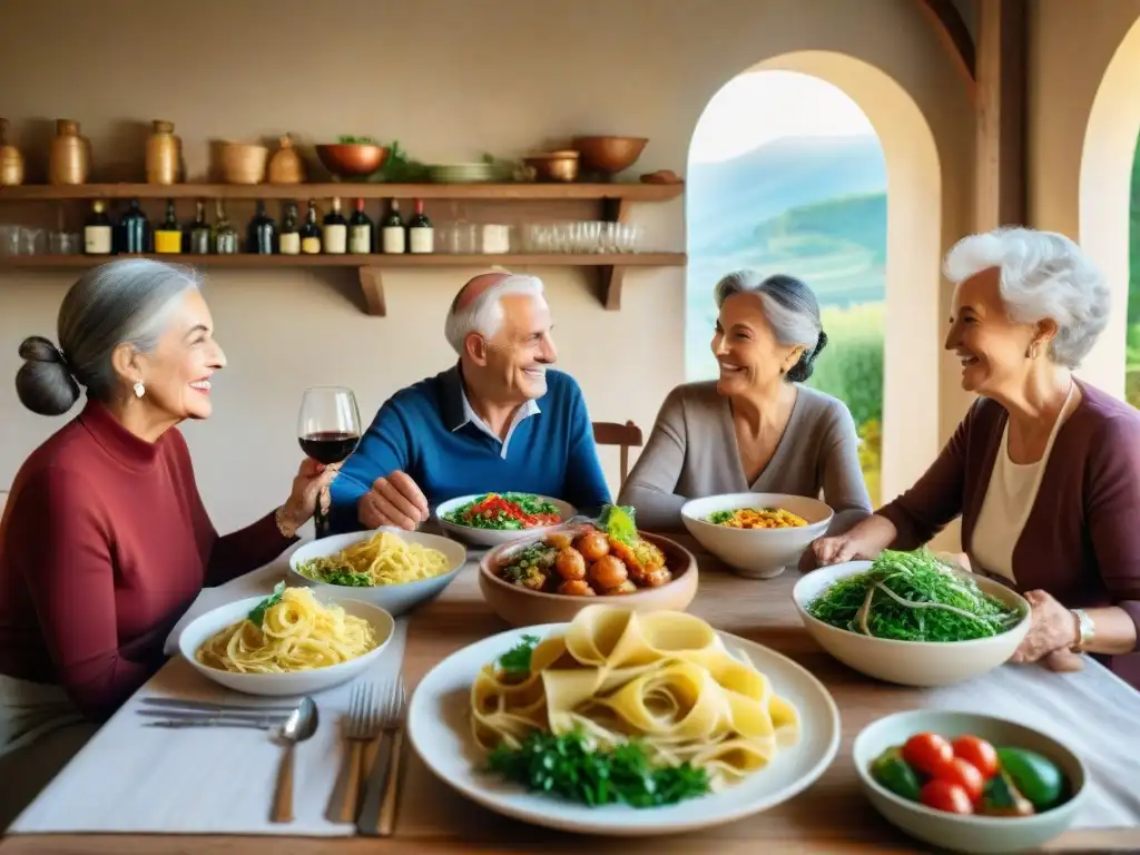 Una escena familiar italiana llena de comida tradicional y amor, destacando los beneficios de comer en familia