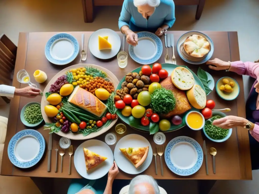 Una escena familiar italiana llena de amor y unión alrededor de una mesa con platos mediterráneos