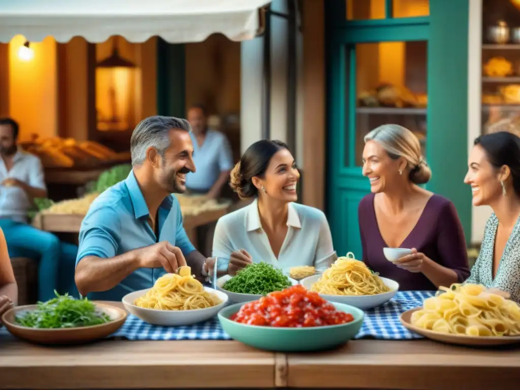 Escena familiar italiana en un mercado al aire libre en el sur de Italia, con platos de pasta y una atmósfera cálida