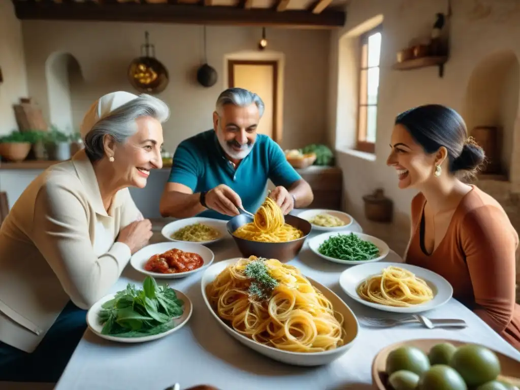 Una escena familiar italiana tradicional en una cocina rústica con mesa repleta de comida y risas, Cocina italiana tradicional y tendencias